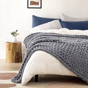 LUXURY Handmade Knitted Yarn Knit Blanket Gray Durable Soft Home Decor Gift NWT